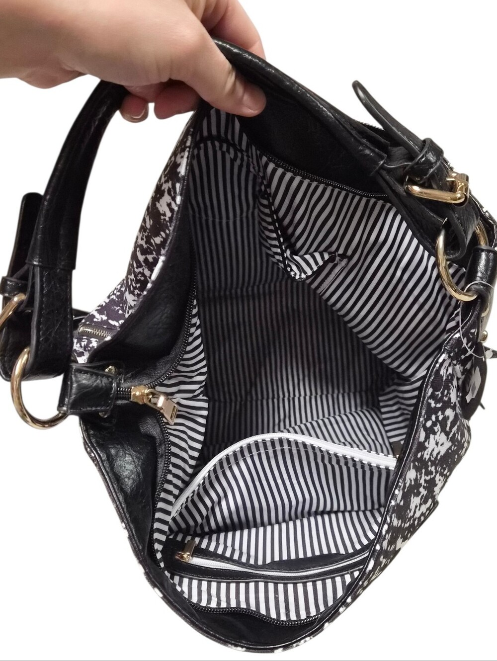 Tres Chic Black & White Print Hobo Shoulder Bag With Convertible Straps&Pouches - Picture 3 of 7